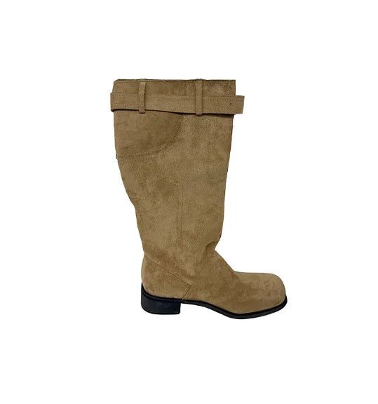 Pocket Buckle Suede Slouch Long Boots