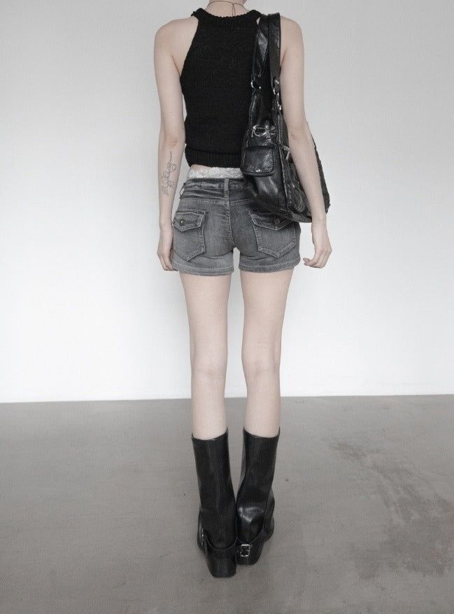 Fade pocket raw denim shorts