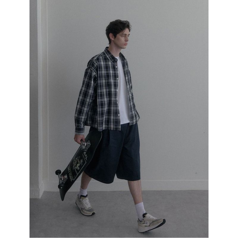 Vintage Washing gray blue check shirts