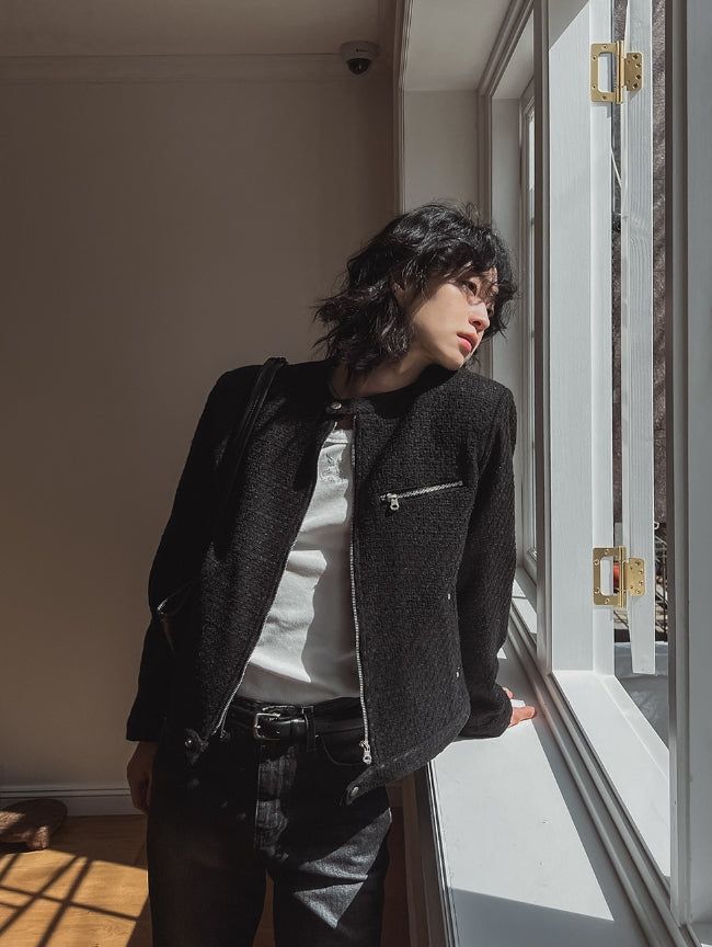 Heather Tweed Biker Crop Jacket