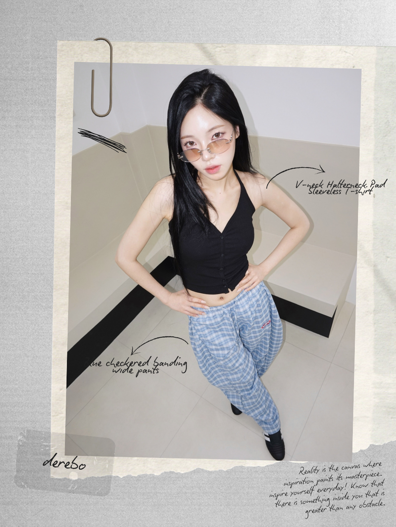Blue checkered banding wide pants