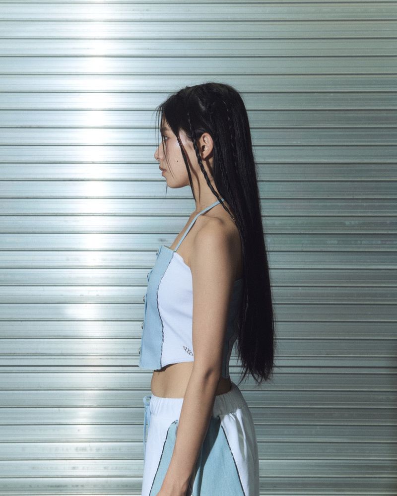 denim combi top - white