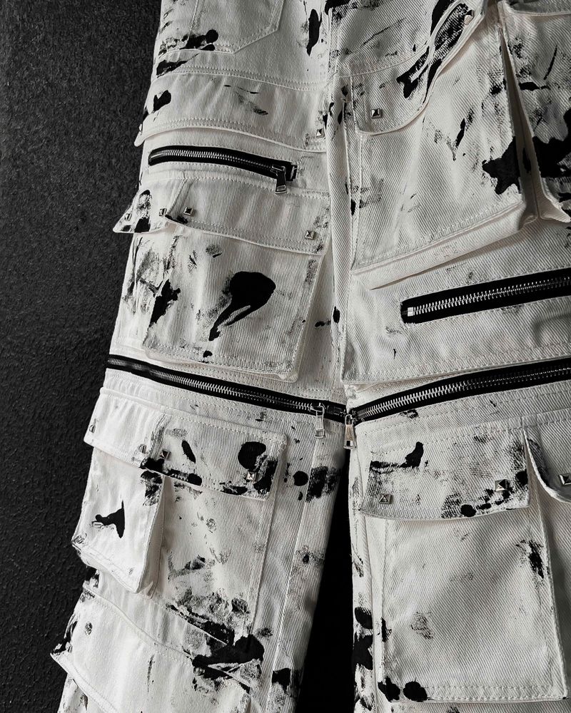 WASH-DENIM CARGO PANTS MULTI POCKET (White)