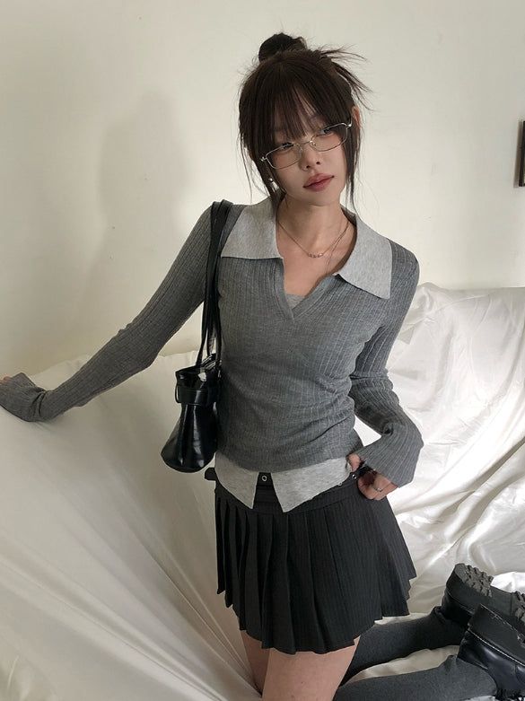 Elti Collar Color Matching Slim Ribbed Knit