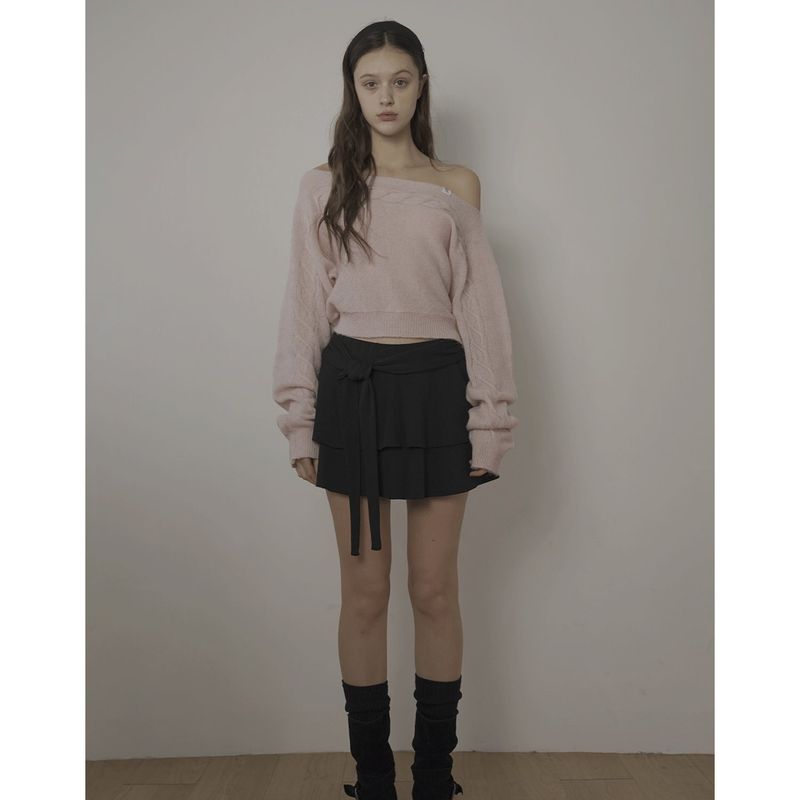 CABLE BOAT NECK KNIT-PINK