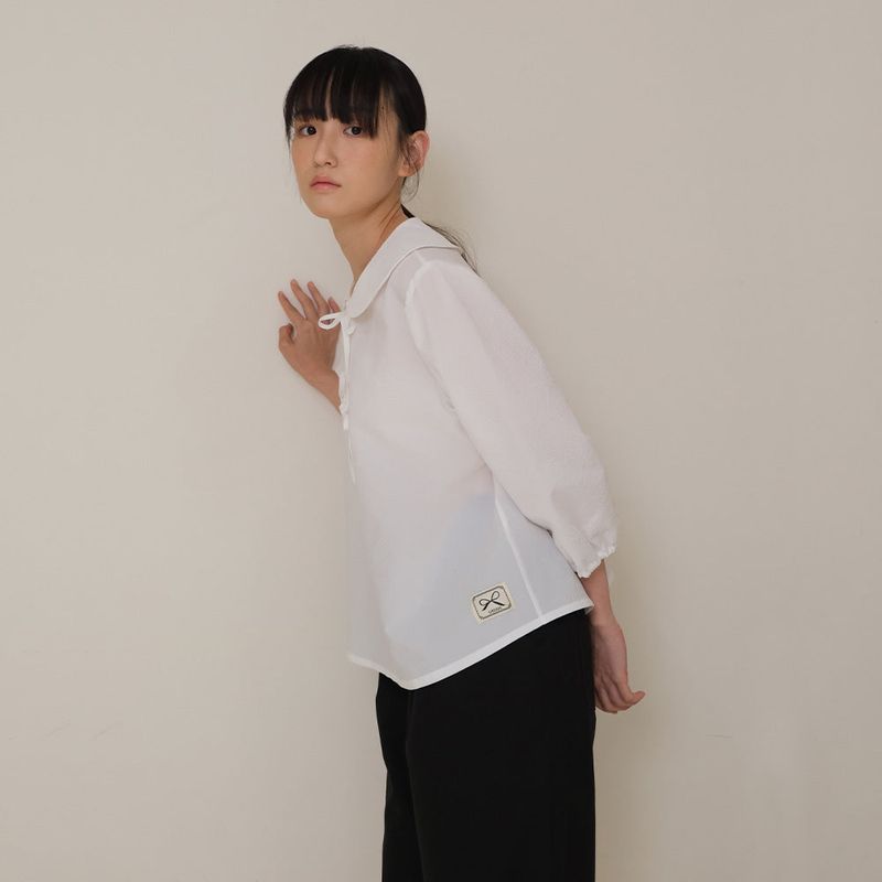 White Seersucker Ribbon Blouse