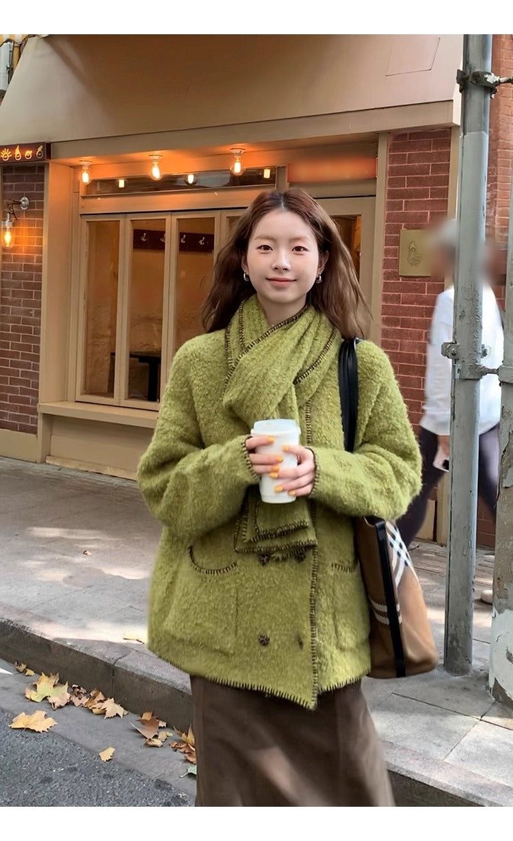 Green tea wool muffler knit cardigan