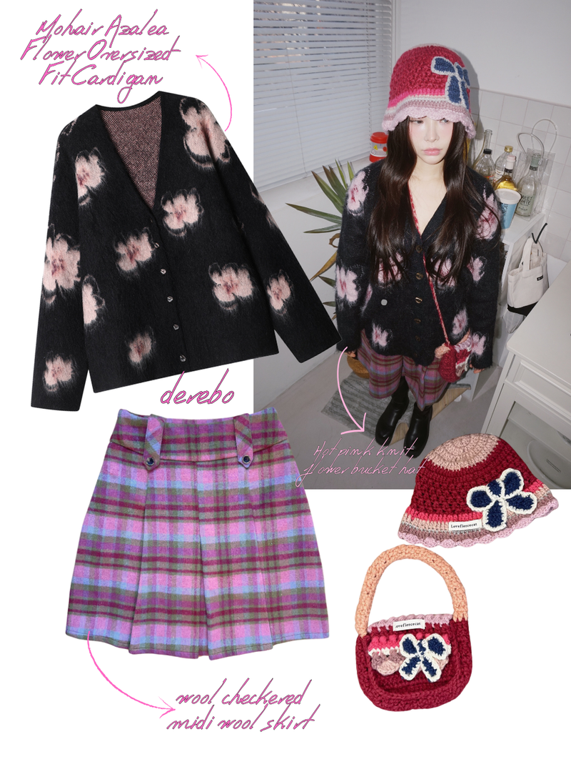 Hot Pink Knit Flower Bunk Hat & Bag Set