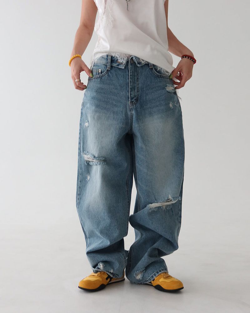 Roll-up collar vintage cutting wide denim