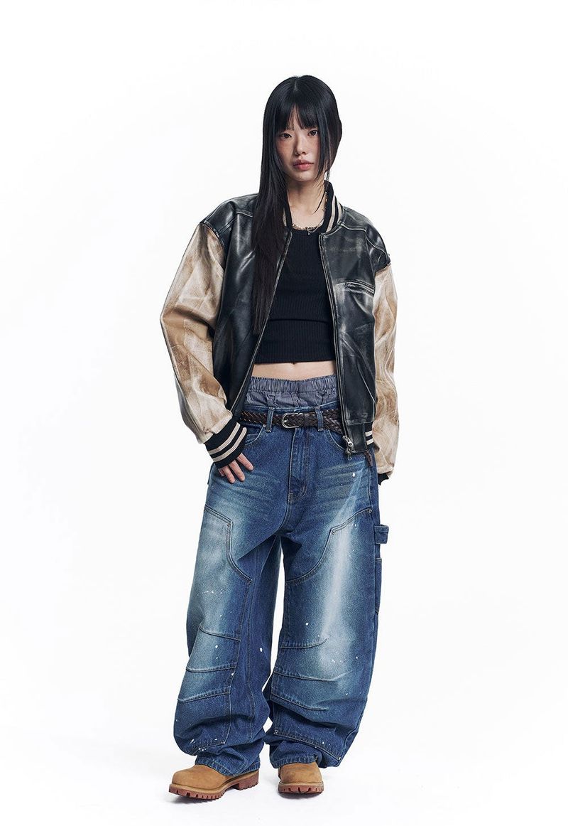 Dirty Washed Leather Varsity Jacket - Black