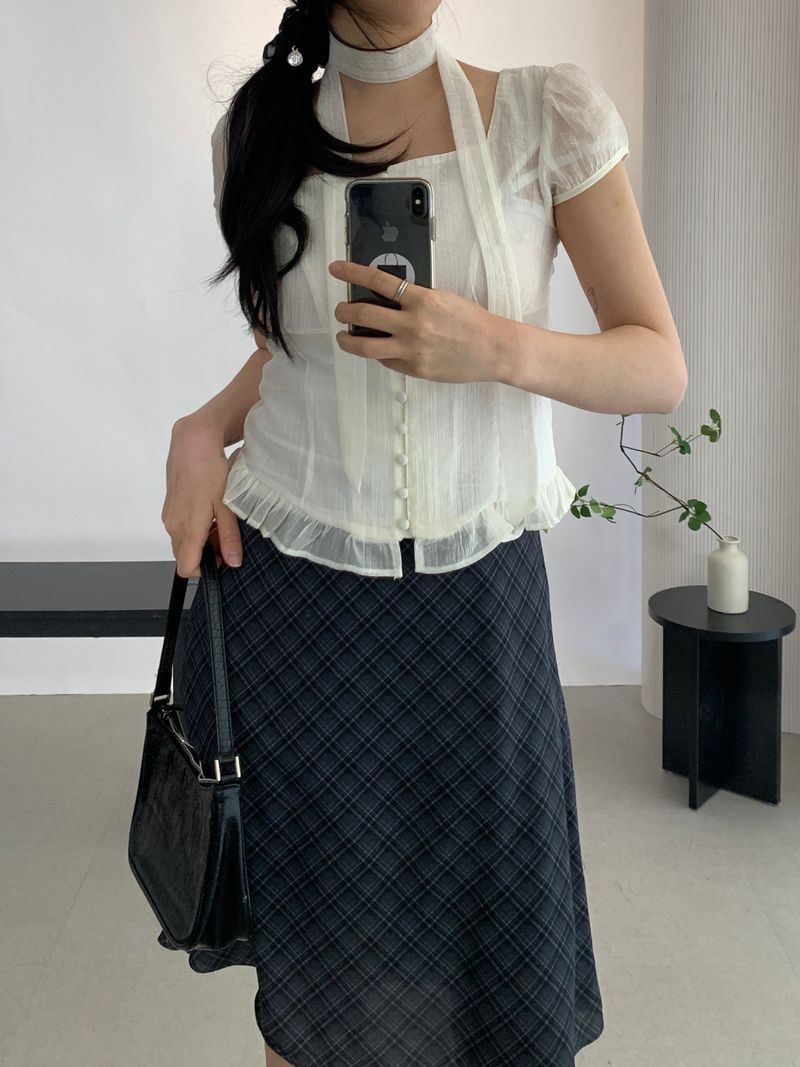 Sovy check flare midi skirt