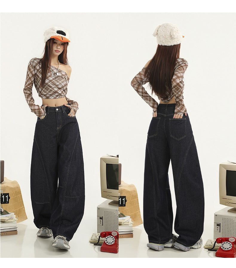 Navy-cut High-waist Mixed Denim Pants
