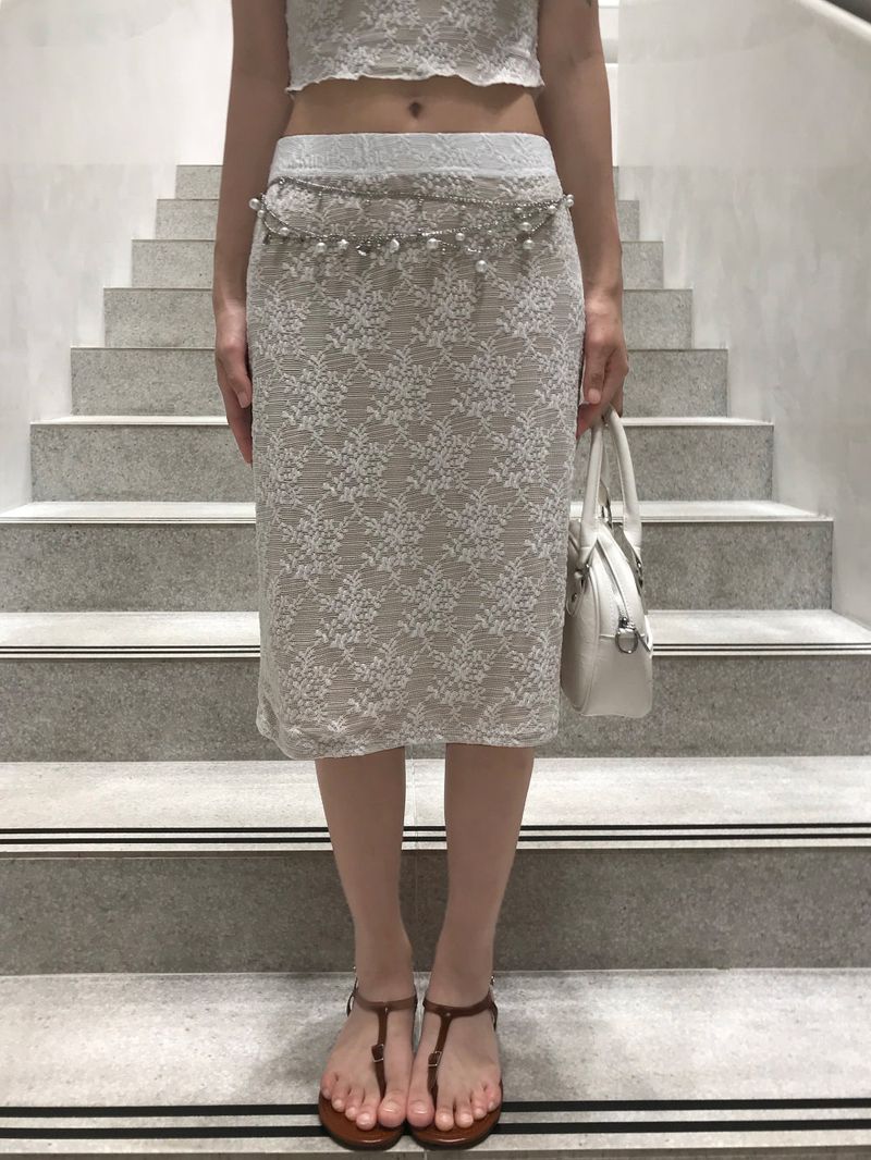 French Garden Lace Deep V-neck Puff Sleeve TOP & MIDI SKIRT SET 