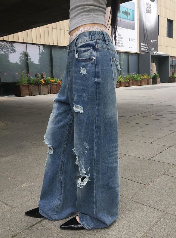 Redo Damage Washing Wide Denim Pants