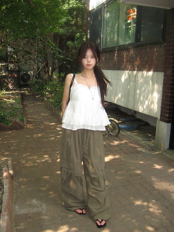 Mealing Frill Button Lace Flared Sleeveless Blouse