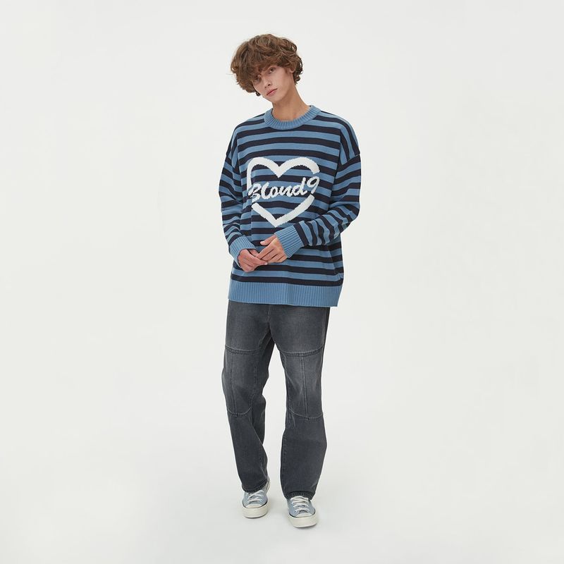 STRIPE HEART ROUND NECK KNIT_BLUE