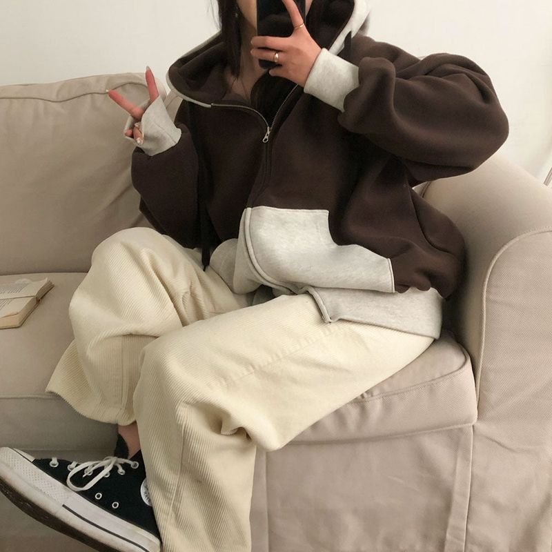 [BELLIDE MADE] two-tone coloring wool boxy hooded zip-up