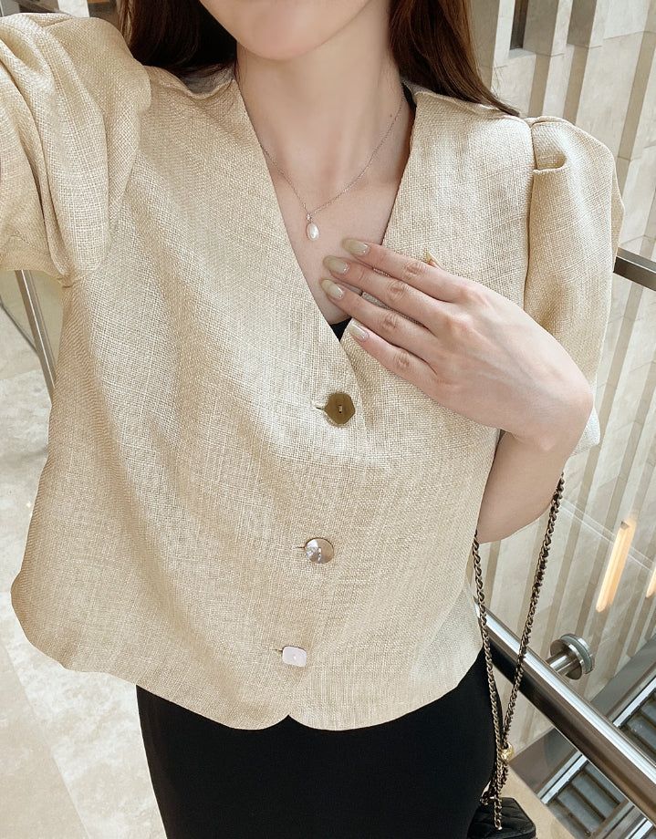 Koran V-Neck Puff Short Sleeve Tweed Jacket