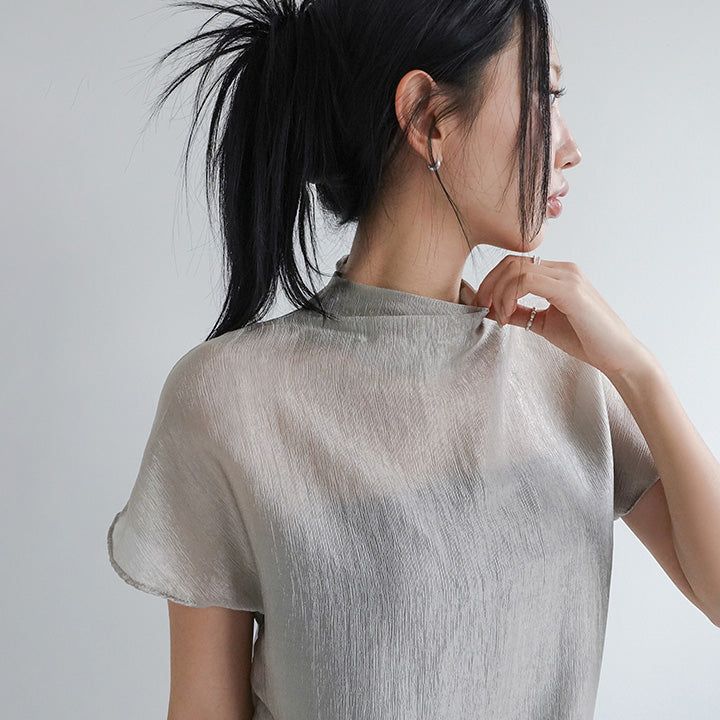[Setinone] Half Neck Satin Short-Sleeved Blouse - 4 colors
