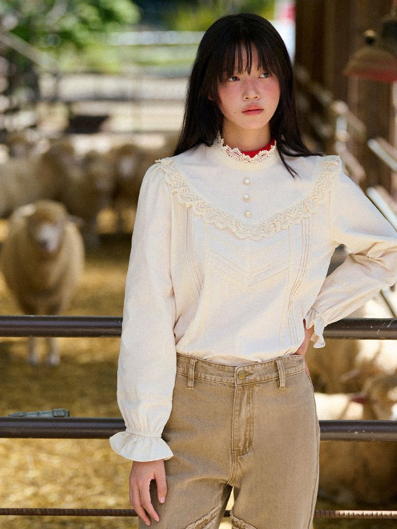 VITALSIGN（バイタルサイン）の「High-Neck Lace-Frill Blouse (Beige)（Tops）」