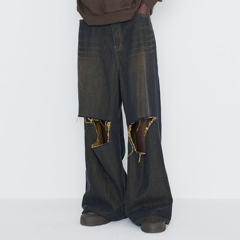 Sserpe(セルぺ)の「Destroyed Knee Wide Denim Pants Dirty Blue & Mustard(Pants)」