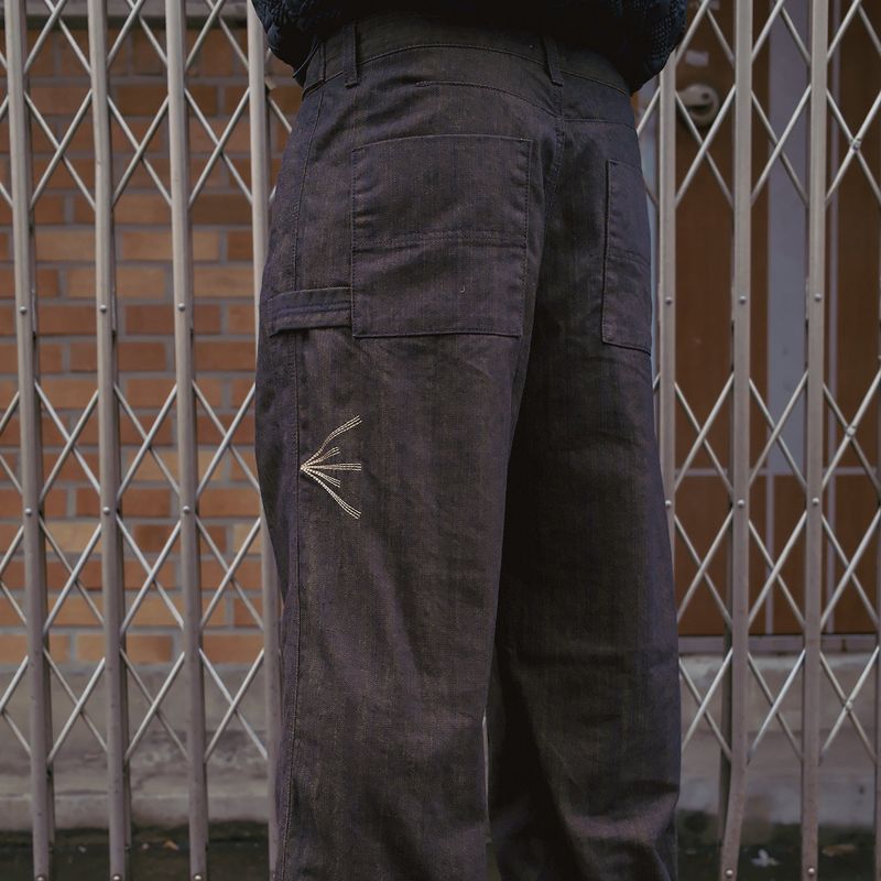 Indian double knee denim pants / Yellow black