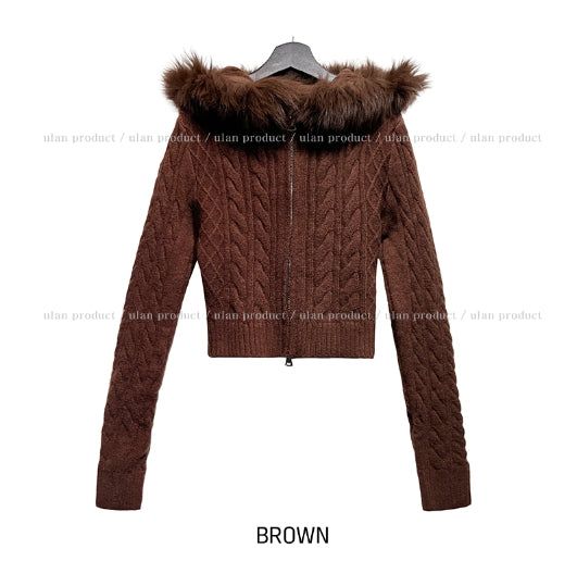 Rinco Cable Knit Fur Hood Zip-Up