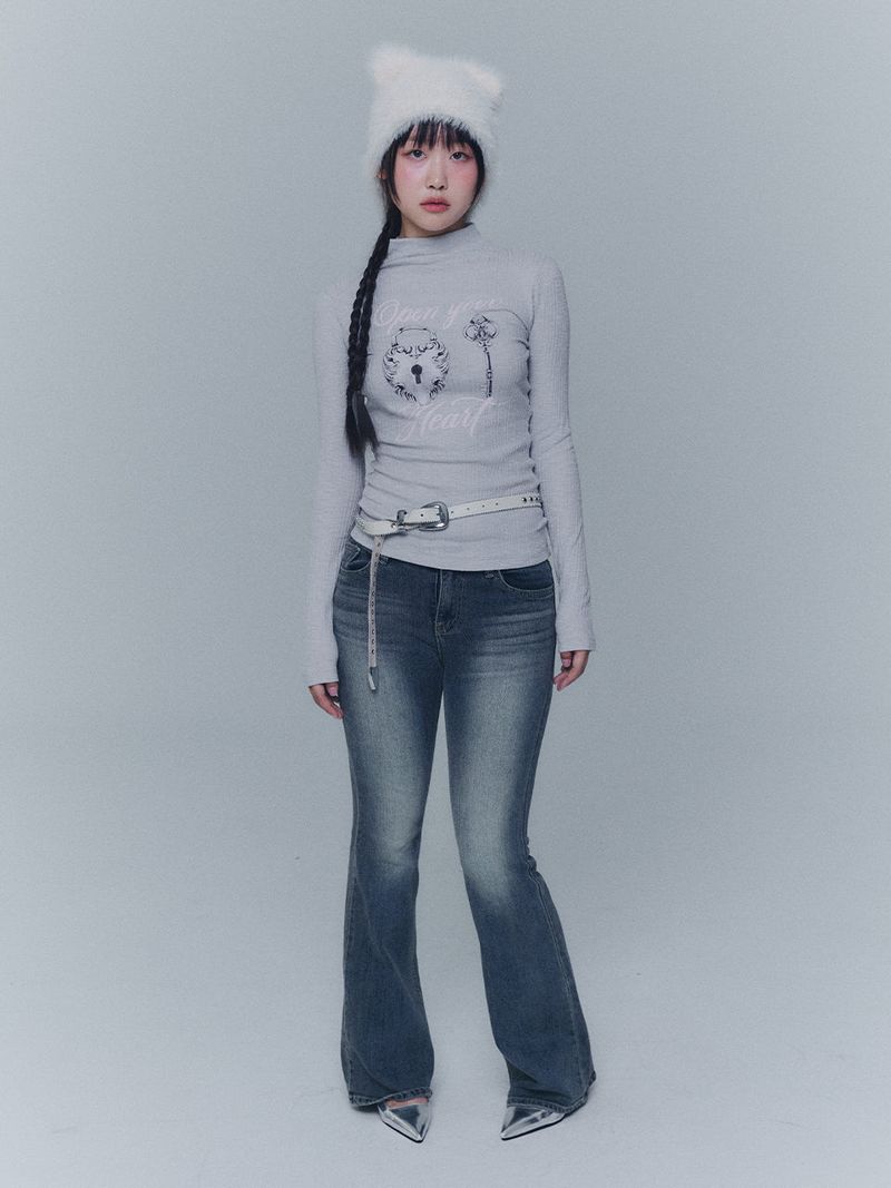 OPEN YOUR HEART TURTLENECK T-SHIRT - GRAY