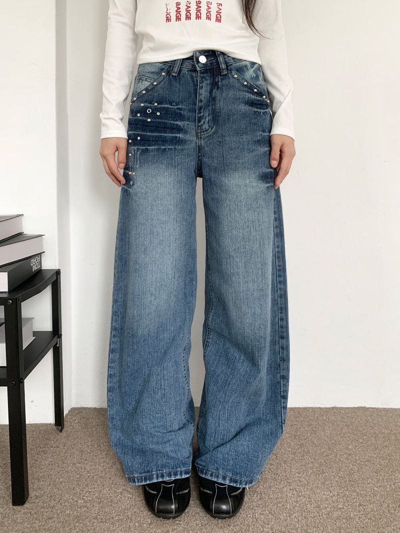 Rivet eyelet punching washed wide denim pants (Denim)