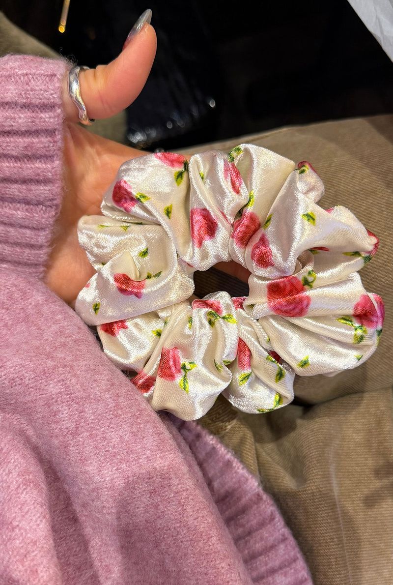 White velvet rose scrunchie