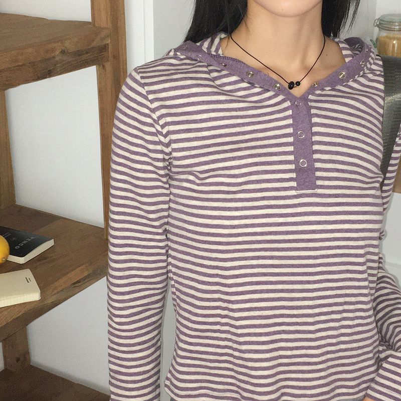 Pao Stripe Snap Button Coloring Long Sleeve Hooded T-Shirt