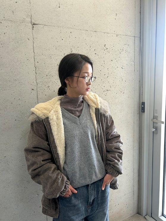 Tiken Herringbone Wool Hood Fur Jacket