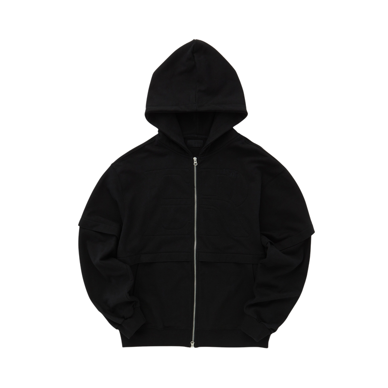 Back point shirring hood zip-up (Black)