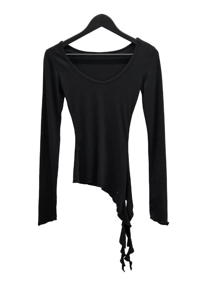 Frill Deep Round Neck Long Sleeve Tee