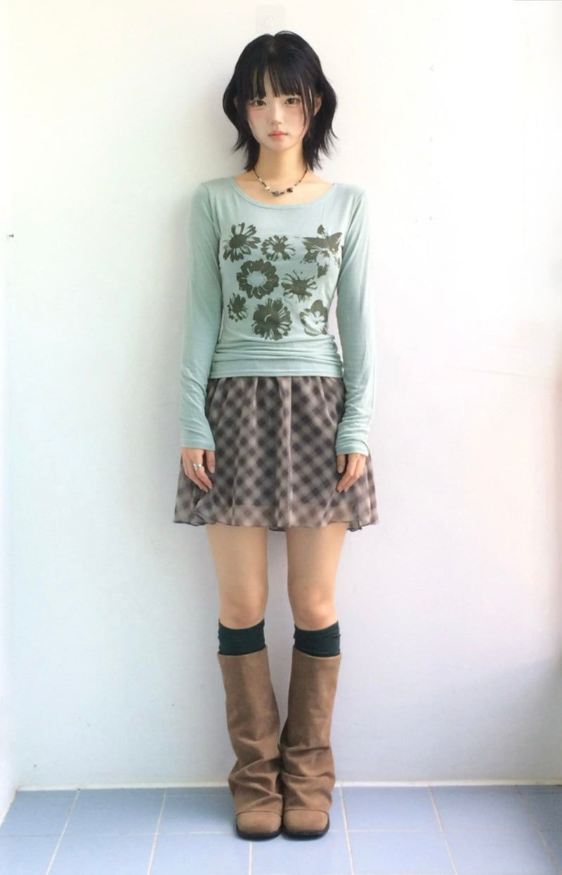 Blooming Check Chiffon Skirt