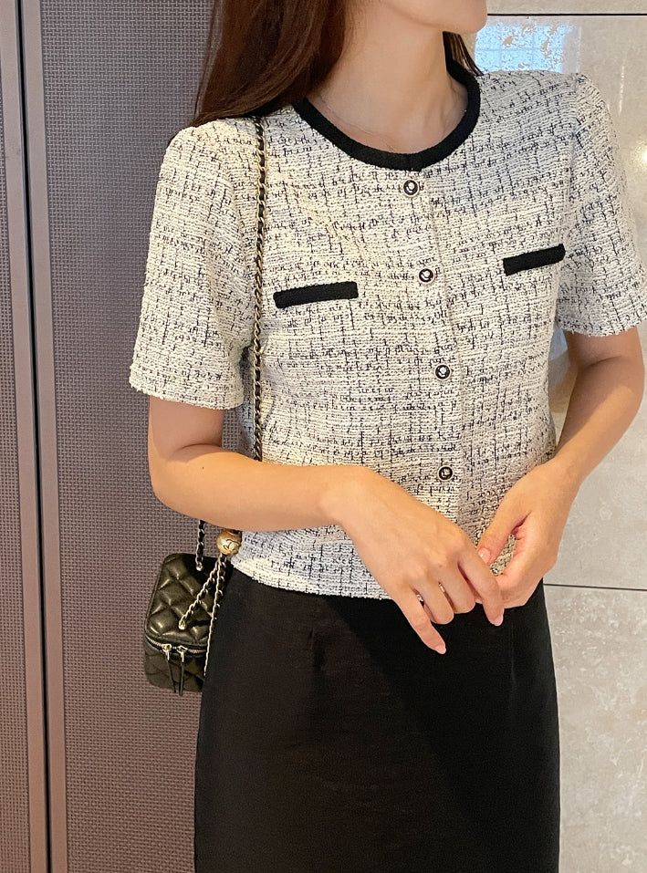 Vezn Color Matching Tweed Short Sleeve Jacket