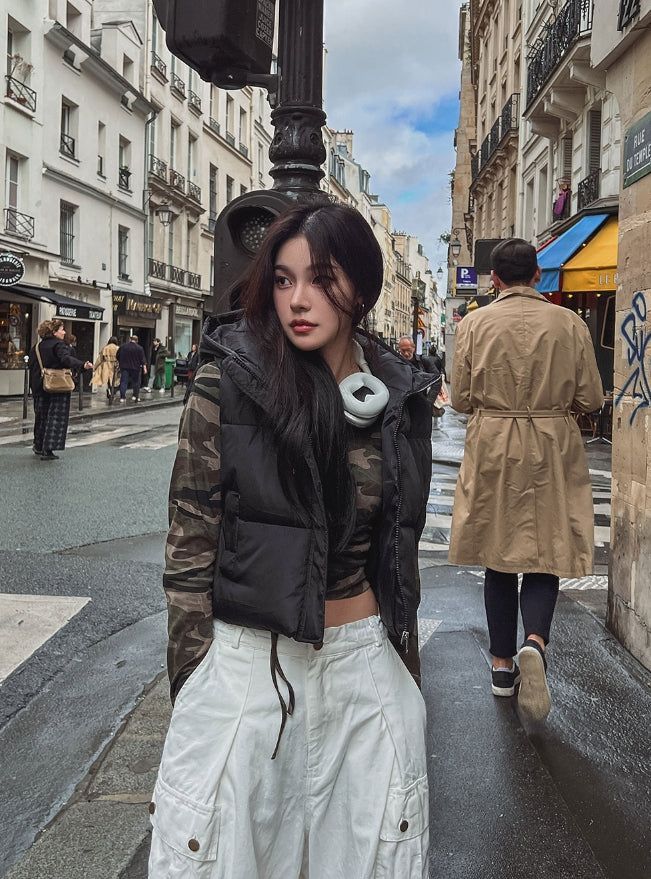 Haen crop hooded vest padded jacket
