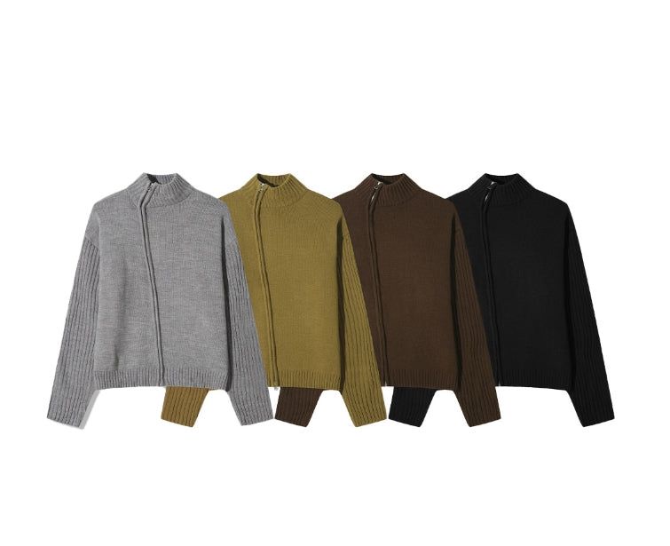 Ray-fun mix diagonal knit zip-up