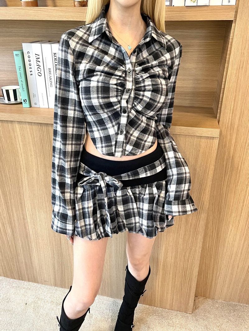1416. Check shirring crop sh (2color)
