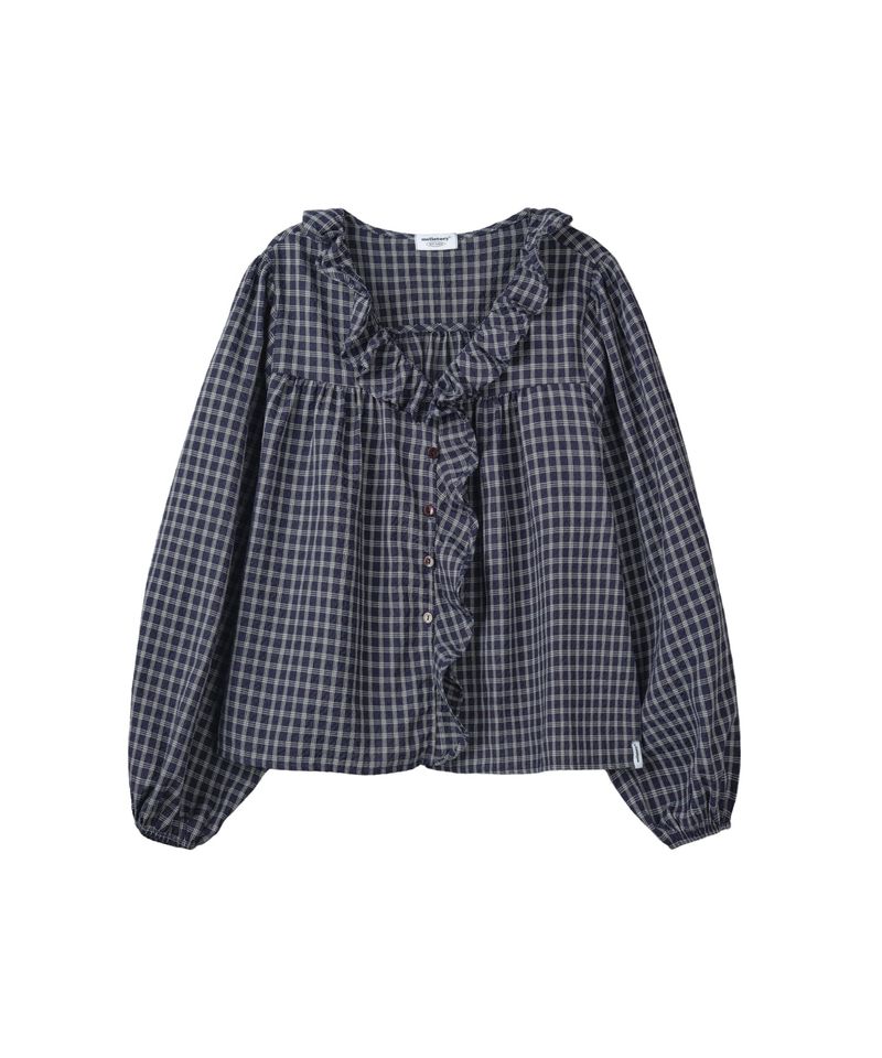 FRILL NECK CHECK BLOUSE (NAVY)