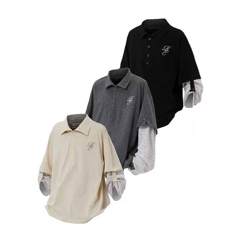 RELABEL('LABEL) Toner-set Butterfly Stripe Fake Two-piece Variable Sleeve Length Embroidery POLO Long-sleeved T-shirt