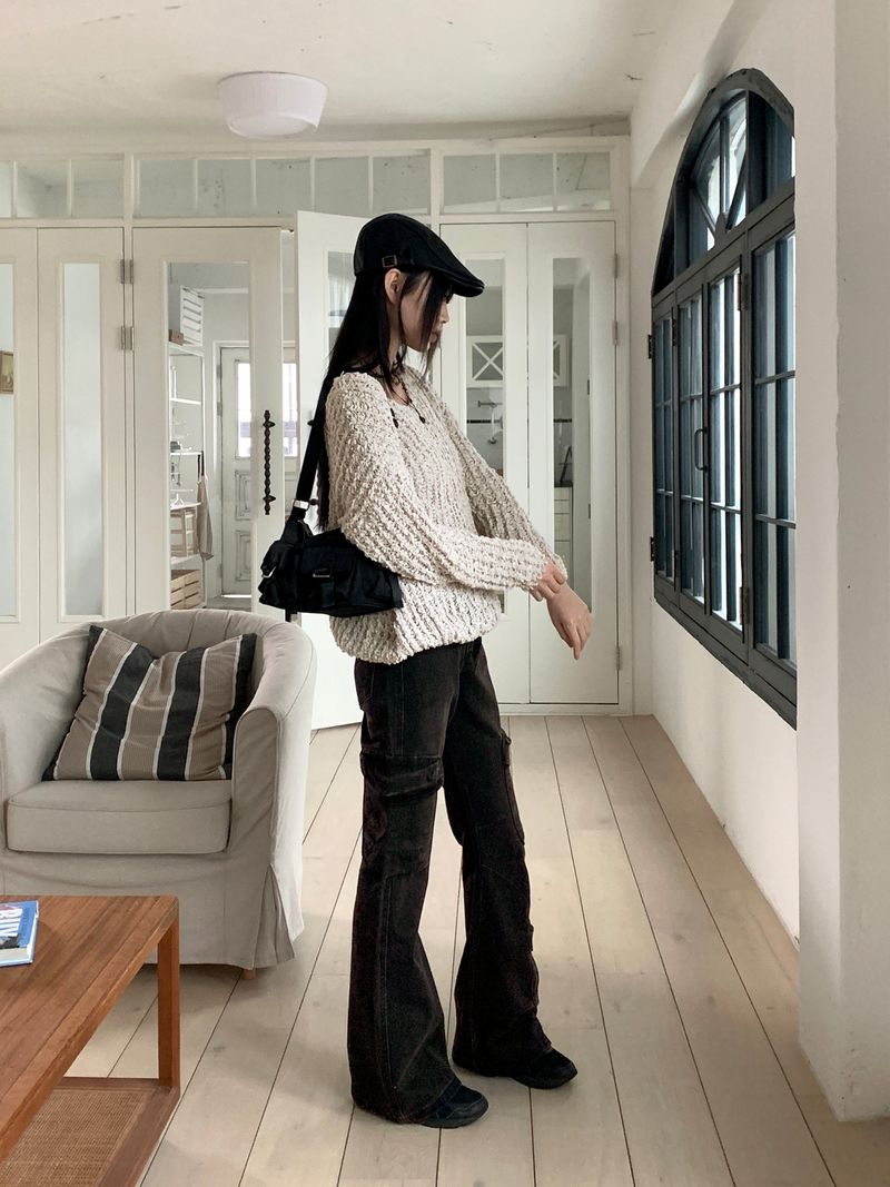 Anton cargo pocket black and blue bootcut denim pants