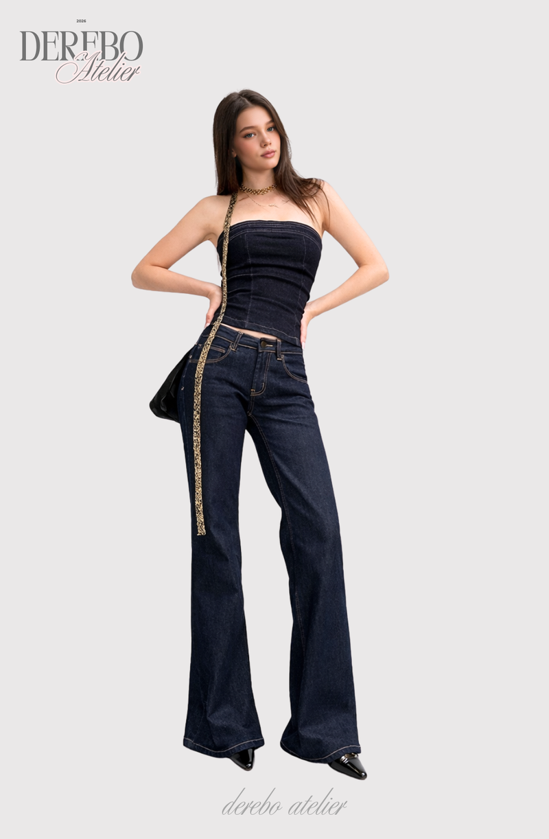 Deep green paper flared long denim pants