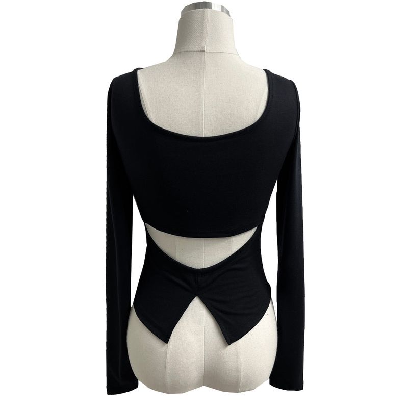 Cutout Back Slit Round Neck Long Sleeve Tee (4 Colors)