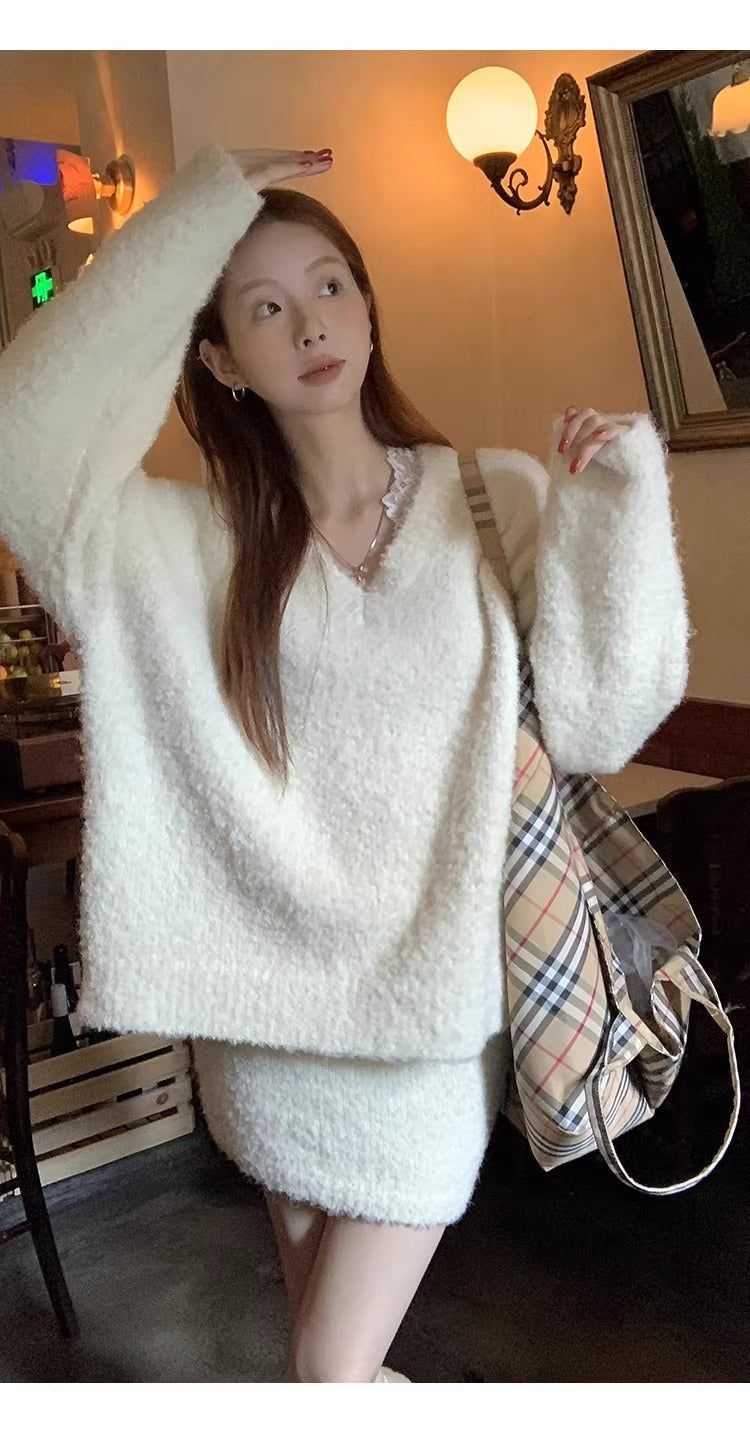 Cloud V-neck Knit Skirt Two-piece