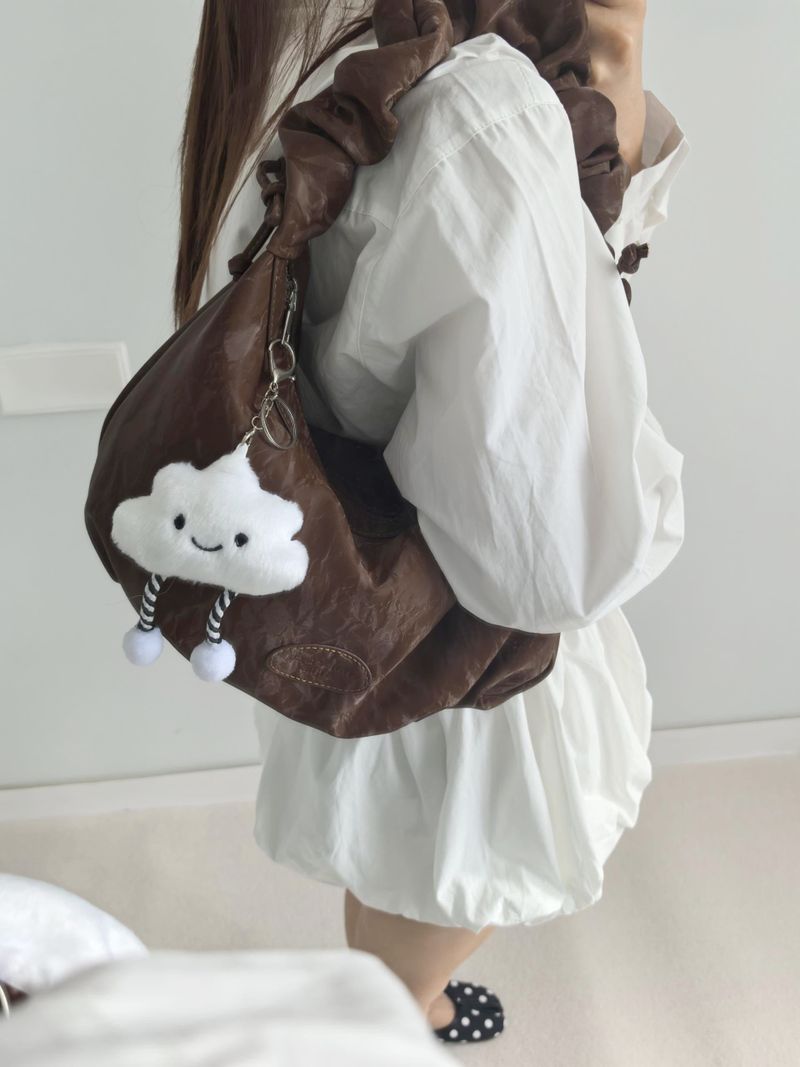Cloud doll key ring bag denim washed leather wave pattern wrinkle strap zipper shoulder bag