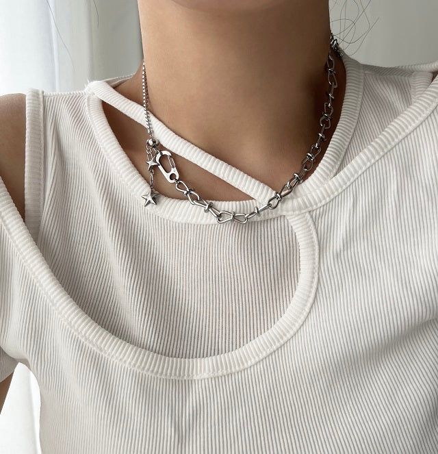 styy hip double star y2k vertical star carabiner two-way bold necklace