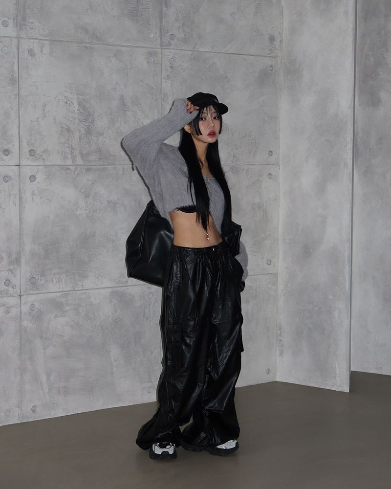 leather cargo string jogger wide pants