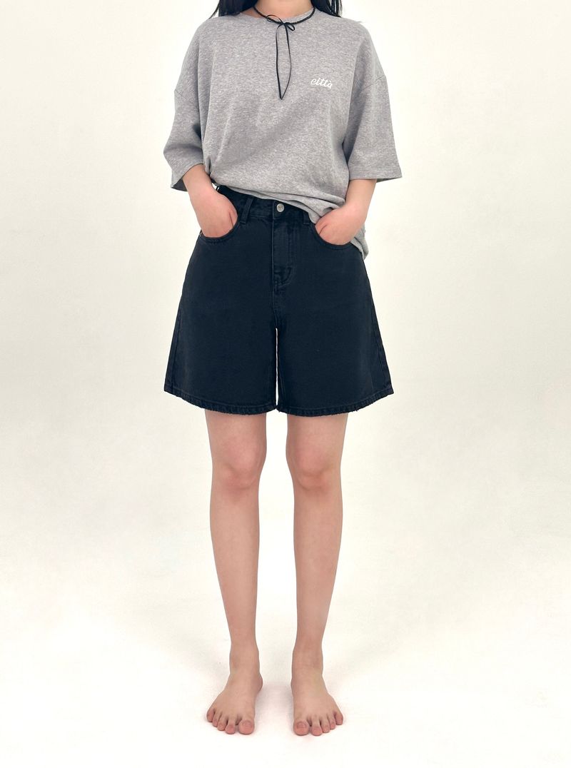  3RD REORDER HIP POCKET EMBROIDERY BLACK DENIM SHORTS LONG VERSION code 25106