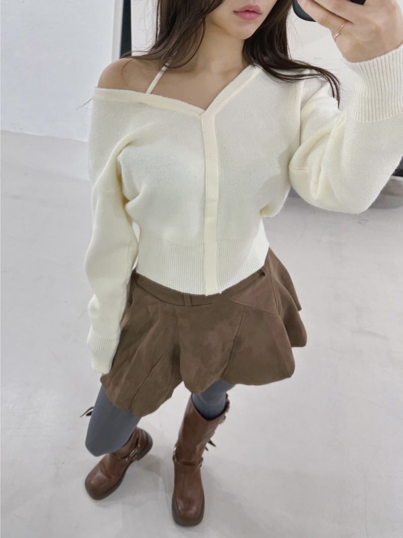 suede unbalanced brown mini skirt